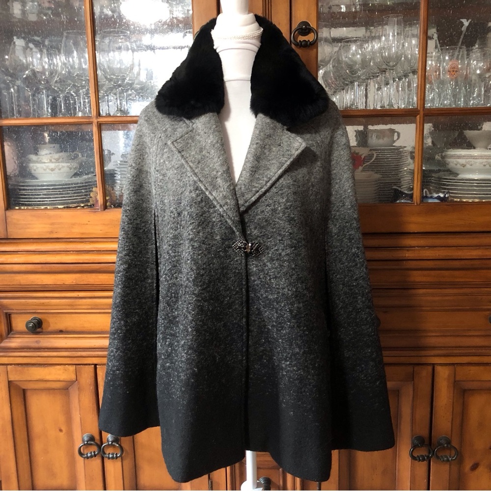 Badgley Mischka Gray to Black Ombre Wool Cape with Black Fur Collar